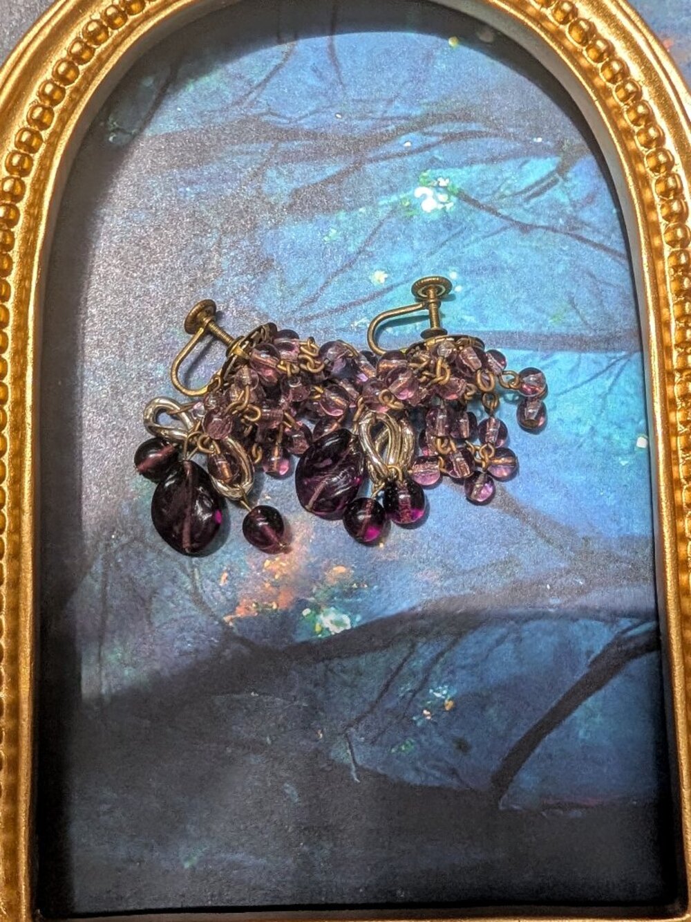 1940's Vintage Amethyst Purple Beaded Fringe Screw Back Earrings